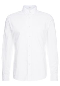 Valkoinen pitkähihainen slim fit -paita, jossa on napillinen kaulus ja etunappilukitus, esitettynä yksinkertaisella valkoisella taustalla.