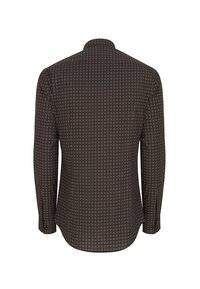 Koszula z długim rękawem wykonana z ciemnoszarego materiału z geometrycznym wzorem małych kwadratów i krzyżyków w odcieniach czerwieni i żółci.
