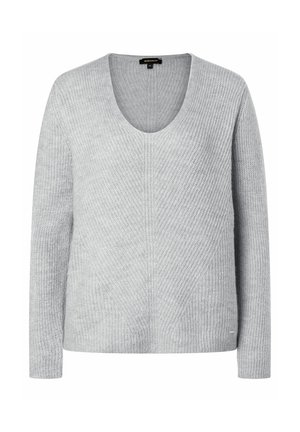 Gray knitted sweater with a wide V-neck, long sleeves, and textured pattern. Features a relaxed fit and a small logo tag at the hem.