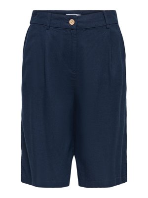 Tmavě modré šortky ke kolenům s předním zapínáním na knoflíky, poutky na pásek a bočními kapsami, zobrazené na bílém pozadí.