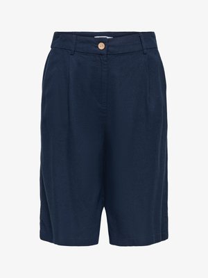 Marineblå knælange shorts med knaplukning foran, bæltestropper og sidelommer, vist på en hvid baggrund.