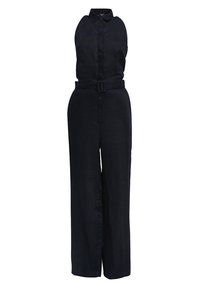 Combinaison noire sans manches avec col, boutons devant, une ceinture assortie et un pantalon large.