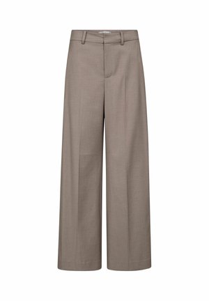 Brūnas plaša piegriezuma bikses no strukturēta auduma ar augstu vidukli un priekšējām kroku detaļām, kas rada piegrieztu izskatu.