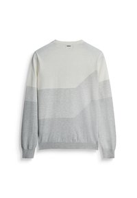 Maglione leggero con collo a giro, blocchi di colore orizzontali bianchi e grigi, e polsini e orlo a costine fini. Motivo a maglia testurizzata.