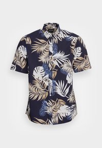 Camicetta a maniche corte in tessuto blu navy con motivo tropicale di foglie beige e blu e ananas; colletto con bottoni e vestibilità regolare.
