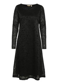 Black lace dress with long sleeves, round neckline, and A-line silhouette. Features delicate floral patterns and sheer texture.