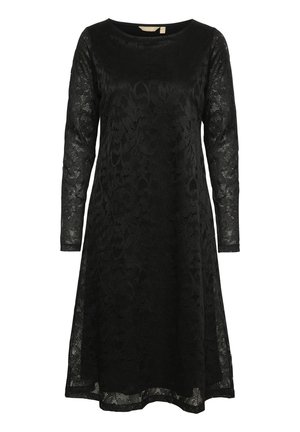 Abito in pizzo nero con maniche lunghe, scollatura rotonda e silhouette a A. Presenta delicati motivi floreali e una texture trasparente.