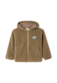 Felpa zip con cappuccio marrone e peloso, dotata di tasche frontali e una piccola toppa rettangolare sul petto con inciso "AMV Super Vintage."