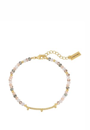 Perlenarmband mit rosa und grauen Edelsteinen sowie vergoldeten Beschlägen. Enthält eine Kettenverlängerung und ein Markenetikett.