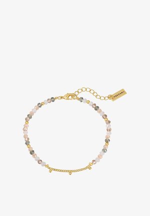 Bracciale di perline con gemme rosa e grigie, dotato di hardware dorato. Include un'estensione a catena e un'etichetta con marchio.