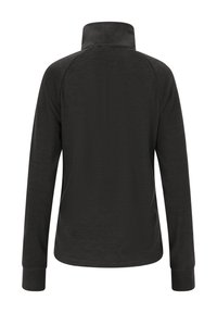 Svart långärmad tröja med hög krage, slät textur och raglanärmar. Inga synliga logotyper eller mönster.