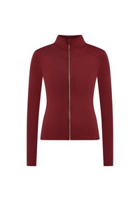 Maroons zip-up jakke med høj krave, lange ærmer og tætsiddende design. Har en guld lynlås og glat, strækbart stof.