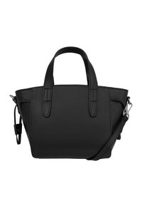 Mustast tekstuuriga nahast käekott, millel on kaks ülemist käepidet ja eemaldatav õlakinnitus, valgel taustal.