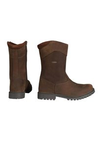 Botas de cuero marrón con altura hasta la mitad de la pantorrilla, cremallera lateral, superficie texturizada y suelas de goma resistentes para una mejor tracción.