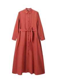 Langes, knöpfbares Kleid in Rostfarbe, aus weichem Stoff gefertigt. Es verfügt über einen kragenlosen Ausschnitt, lange Ärmel und einen Stoffgürtel zur Anpassung.