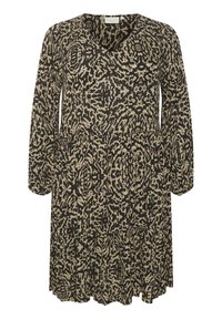 Musta ja beige, pitkähihaine mekko V-puolikauluksella ja abstraktilla eläinkuosilla. Liev�ästi laskeutuva muotoilu, jossa on kerätty vyötärö ja aaltoileva helma.