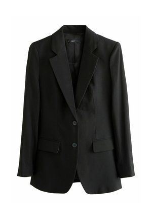 Blazer noir cintré avec revers crantés, deux boutons devant et poches à rabat, conçu pour un look formel ou professionnel.