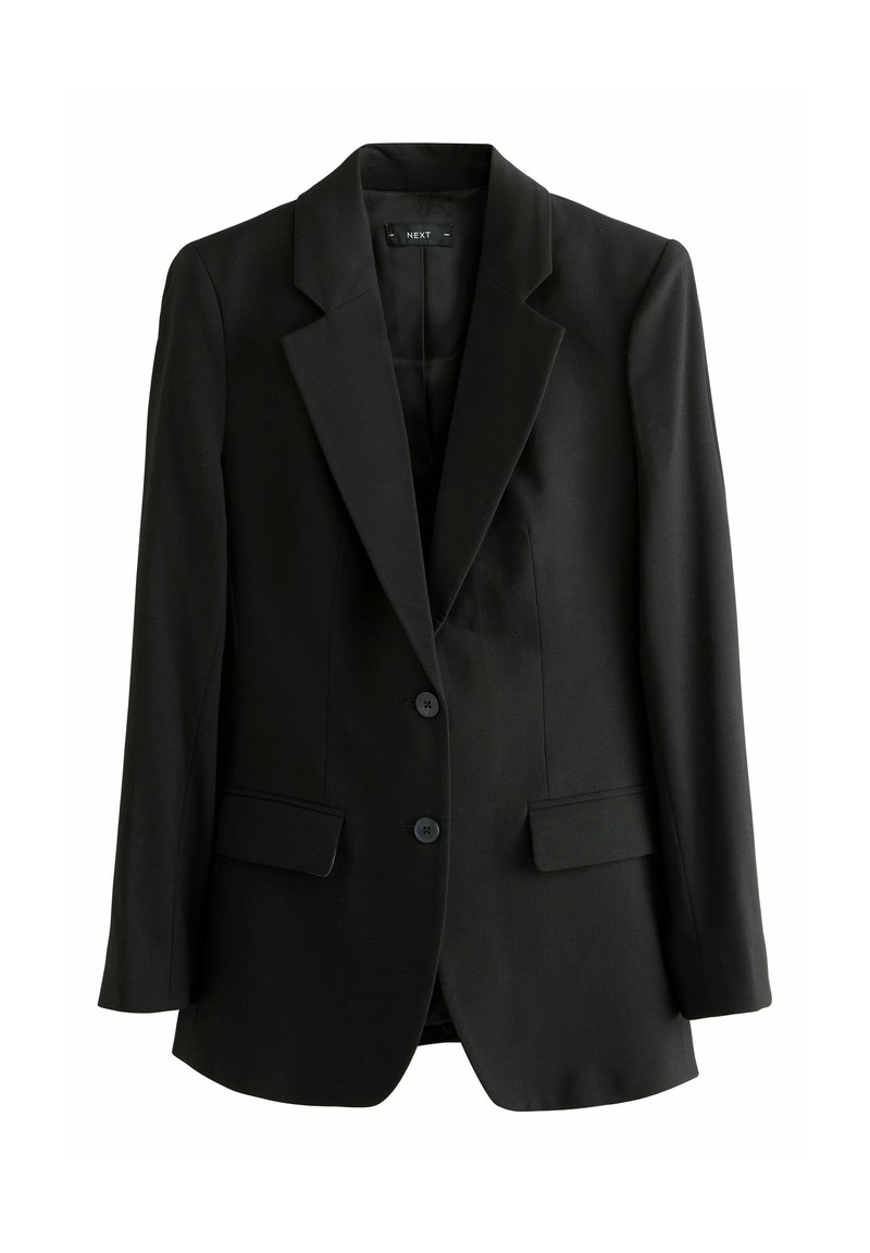 Blazer noir cintré avec revers crantés, deux boutons devant et poches à rabat, conçu pour un look formel ou professionnel.