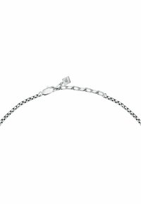 Bracciale in argento con anelli di diverse dimensioni alternati, dotato di un sicuro gancio a moschettone e di un'etichetta con un dettaglio del logo.