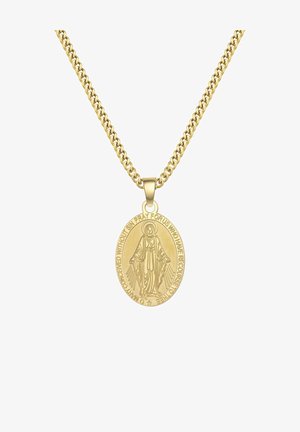 Zlata verižica z ovalnim obeskom, ki ima dvignjeno sliko in besedilo okoli roba, kar poudarja versko simboliko.