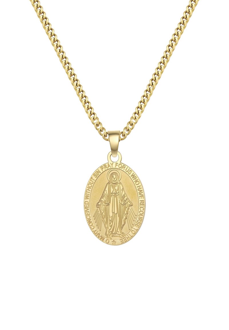 Zlatna ogrlica s ovalnim privjeskom koji ima uzdignutu sliku i tekst oko ruba, ističući religijsku simboliku.