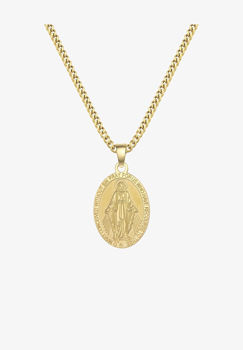 Zlatna ogrlica s ovalnim privjeskom koji ima uzdignutu sliku i tekst oko ruba, ističući religijsku simboliku.