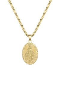 Guldkæde med en oval vedhæng, der har et hævet billede og tekst rundt om kanten, som fremhæver religiøs symbolik.