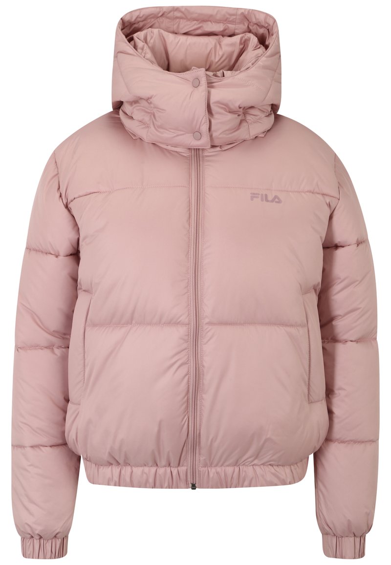 Giacca puffer rosa FILA con colletto alto, zip frontale, polsini elasticizzati e logo sul lato sinistro del petto.