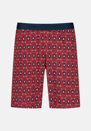 Rode boxershorts met een herhalend patroon van zwarte en witte pinguïns die gewichten tillen, elastische tailleband en een zachte stoftextuur.