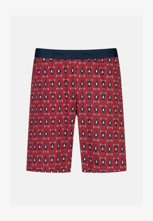 Boxer shorts rouges avec un motif répétitif de pingouins noirs et blancs soulevant des poids, ceinture élastique et texture de tissu douce.