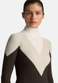 Žebrovaný rolák s chevronovým vzorom v troch farbách: tmavohnedá, krémová a svetlo béžová, s priliehavým strihom.