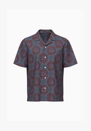 Short-sleeve button-up shirt with blue, red, and green circular floral patterns and a pointed collar on a white background.