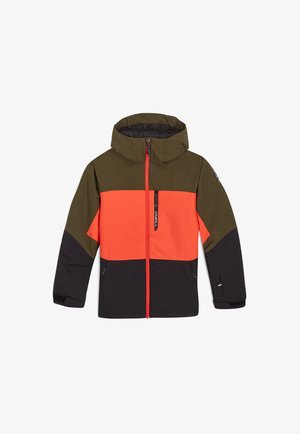 Farbblockjacke mit Kapuze, die grüne, orange und schwarze Panels hat. Hergestellt aus weichem Material mit Reißverschlusstaschen und verstellbaren Manschetten.