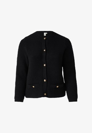 Schwarzer Strickcardigan mit rundem Ausschnitt, der vorne sechs goldene Knöpfe und zwei Vordertaschen mit goldenen Akzenten aufweist.