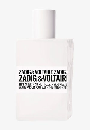 Flacon rectangulaire blanc d’eau de parfum Zadig & Voltaire This Is Her!, avec un bouchon cylindrique et l’indication 30 ml.