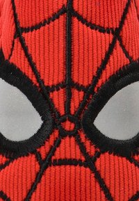 Máscara de tela roja con la cara de Spider-Man, con un prominente diseño de telaraña negra y ojos grises contorneados con costura negra. Acabado texturizado.
