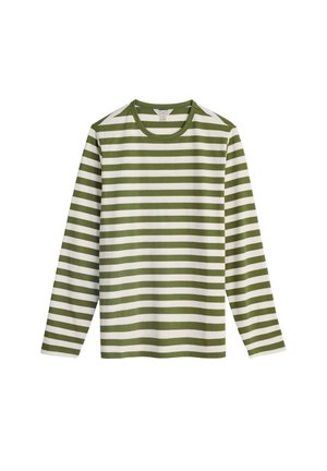 Chemise à manches longues avec des rayures horizontales vertes et blanches, en tissu doux, avec un col rond et un design simple.