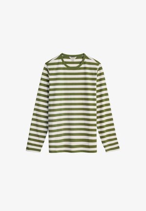 Langærmet skjorte med grønne og hvide vandrette striber, lavet af blødt stof med rund halsudskæring og enkelt design.