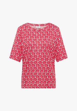 Czerwona koszula z krótkim rękawem na białym tle z powtarzającym się wzorem w kształcie wachlarza w czerwonym kolorze, z okrągłym dekoltem, metka z napisem "Cecil" przy kołnierzu.