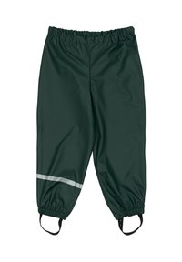 Pantaloni impermeabili verde scuro con vita elastica, cinturini regolabili alla caviglia e una striscia riflettente argentata lungo la parte inferiore della gamba.