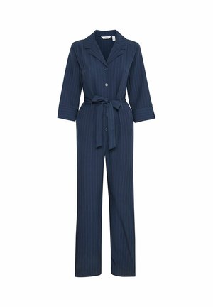 Marinblå jumpsuit med smala ränder, långa ärmar, knappstängning och midjeband. Tillverkad av ett lätt tyg med en slät textur.