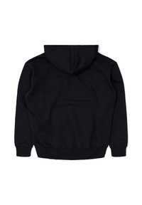 Black hooded sweatshirt with a smooth texture, ribbed cuffs, and hem. The back design is plain without any logos or patterns.