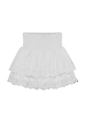 Gonna bianca in cotone con balze a più strati, caratterizzata da dettagli ricamati con occhiello e vita arricciata. Orlo smerlato arrotondato.