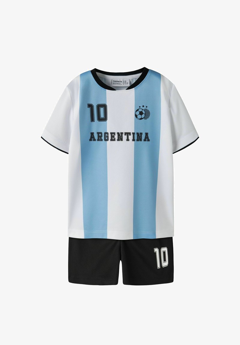 Équipement de football pour enfant d'Argentine avec un maillot rayé bleu clair et blanc affichant le numéro 10 et un short noir avec le numéro 10.