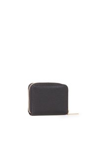 Portafoglio in pelle nera con chiusura a zip, forma rettangolare, superficie testurizzata e dettagli in metallo dorato. Design compatto e minimalista.