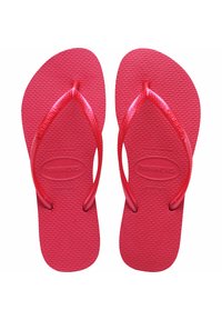 Ciabatte rosse in gomma con suole testurizzate e fascette curve. Presentano il logo del marchio sulla soletta e le indicazioni di taglia sulla suola.