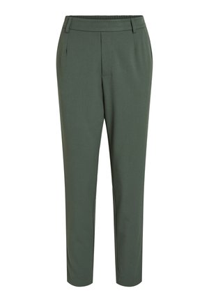 Zelene taperirane hlače s ravnim pojasom, izrađene od glatkog materijala, s prednjim nabiranim detaljima i urednim završetkom na gležnju.