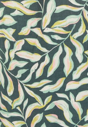 Tissu vert foncé avec un motif de feuilles allongées vert clair soulignées par des traits d'accent rose et jaune.
