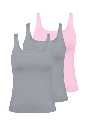Tre tanktops: to i lysegrå og en i lys pink. Fremstillet af blødt stof, med en tætsiddende pasform og brede skulderstropper.