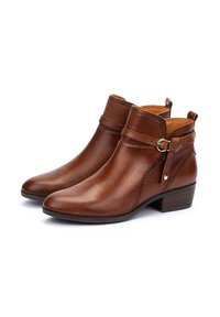 Brown leather ankle boots with a pointed toe, a small block heel, adjustable strap with buckle detail, and smooth texture.